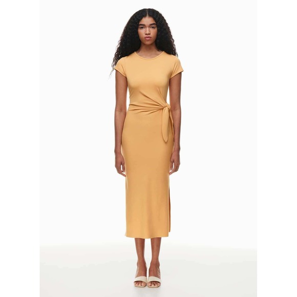 Wilfred Aritzia Fortune Side Tie Midi Dress Apricot Yellow Short Sleeve Slit Med - Picture 12 of 16